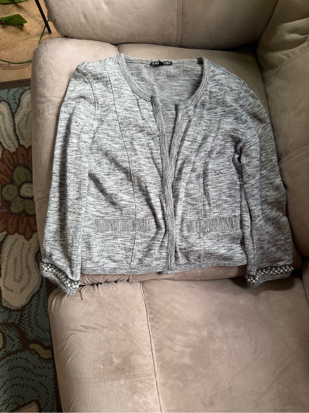 Express Light Gray Knit Women's Cardigan with Beaded Cuffs